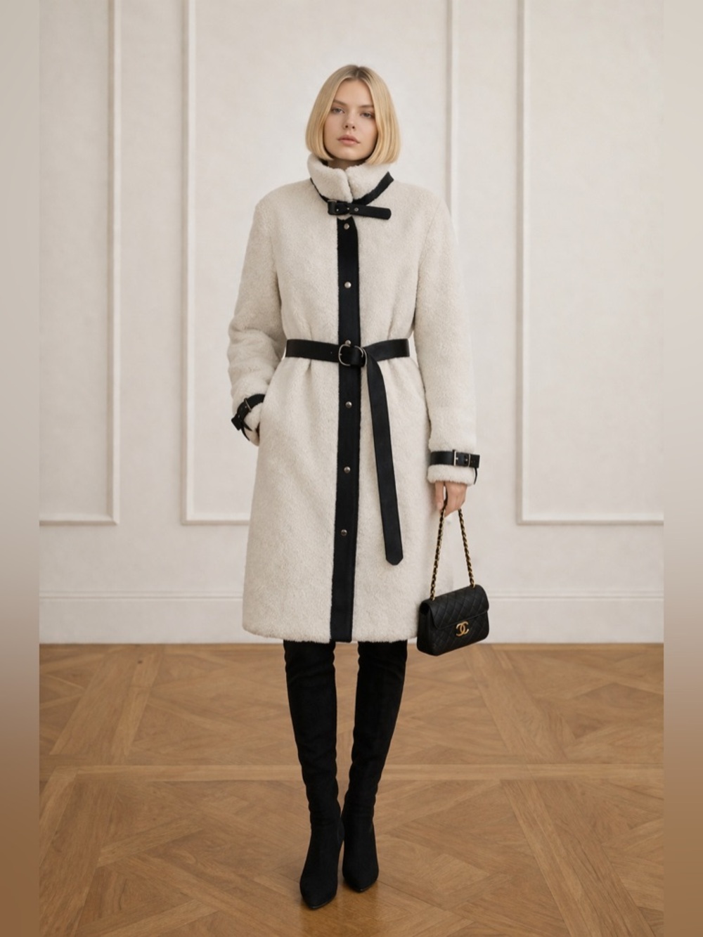 100% real lambskin white black shearling fur trench coat jacket Chanel style S M
